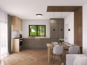 Dřevostavba Easy 78 interiér obývací pokoj jídelní stůl kuchyňská linka
