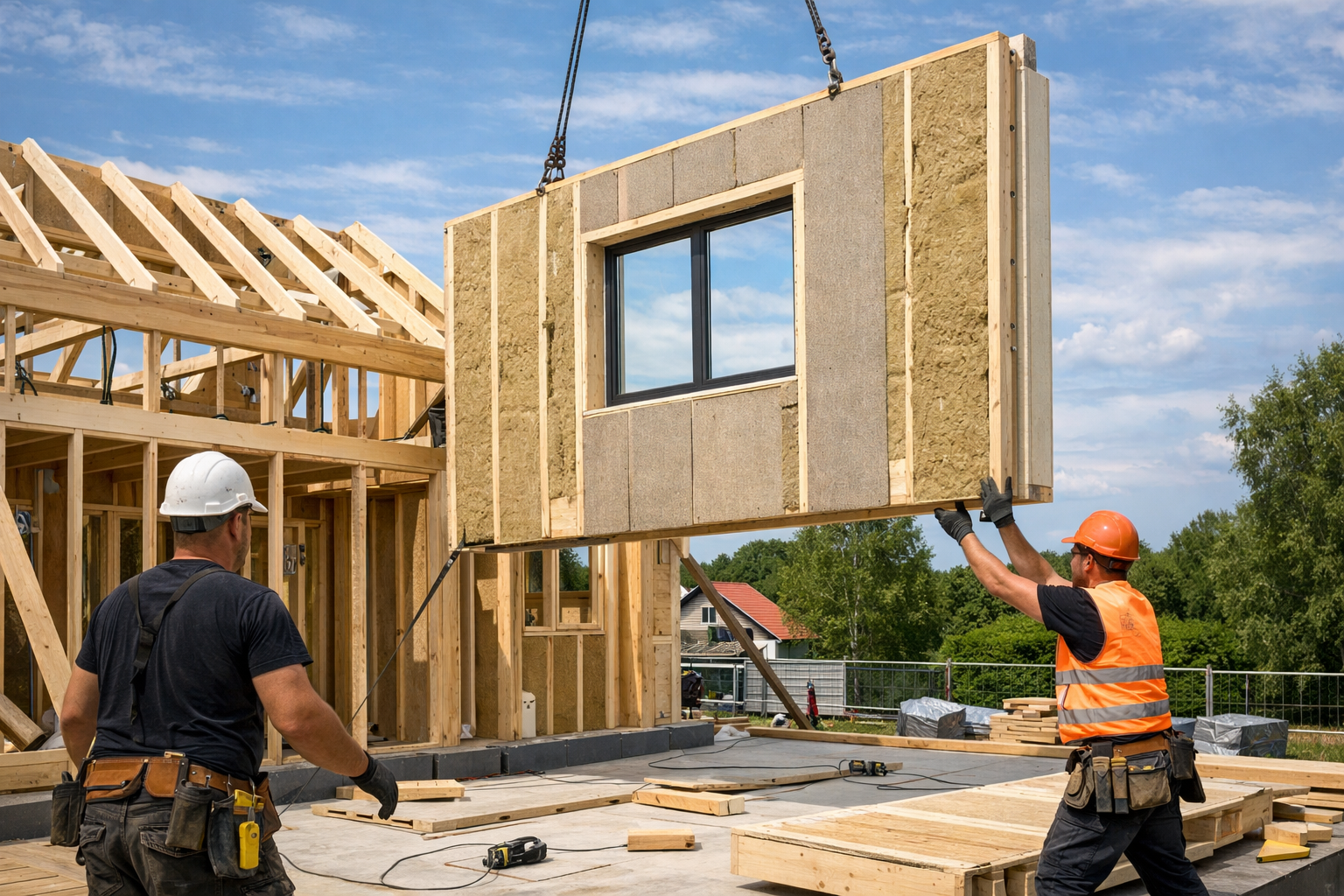 Montáž konstrukce moderní dřevostavby z prefabrikovaných panelů